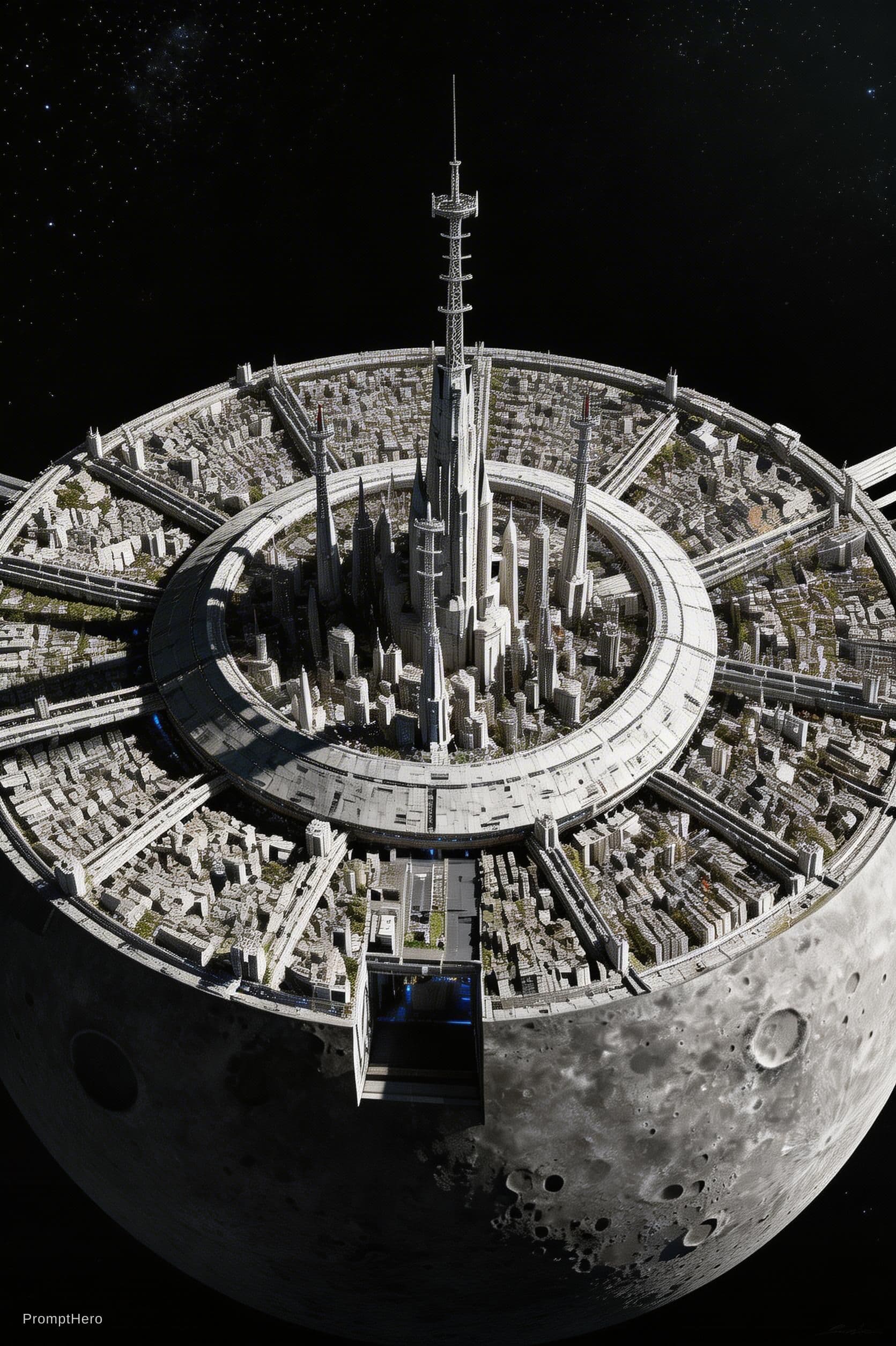 AI generated: Take this Reference image. Remove the ships. Remove the Earth. Show the Moon base from its top point...