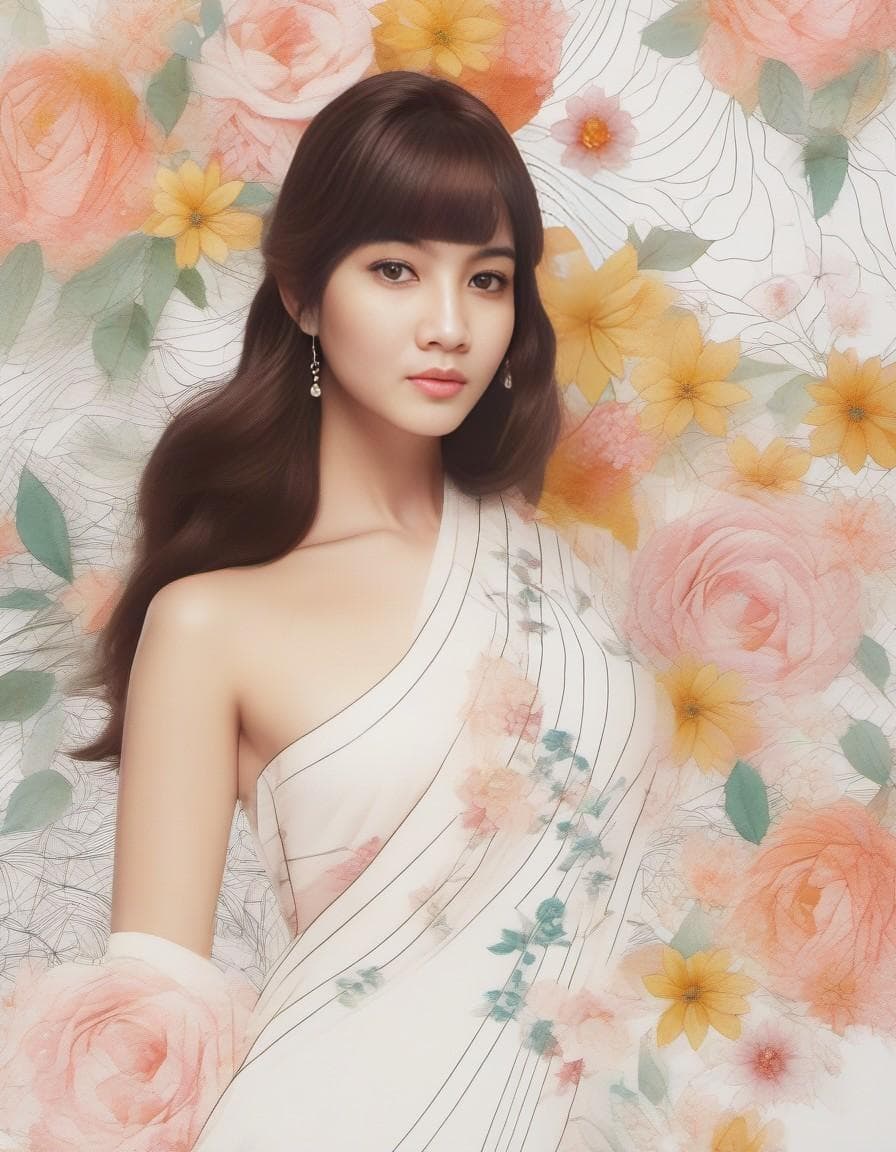 AI generated: picture of a girl dressed in flowers, in the style of artgerm, loose linework, lush and detailed, de...
