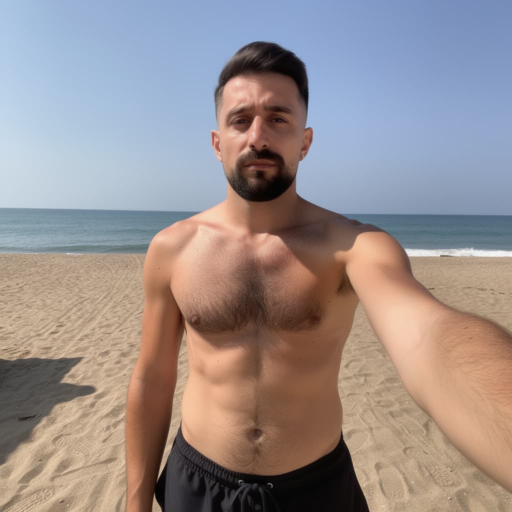 AI generated: A beautifull man at the beach without t-shirt, using a black speedo; His chest is hairy and he's wea...