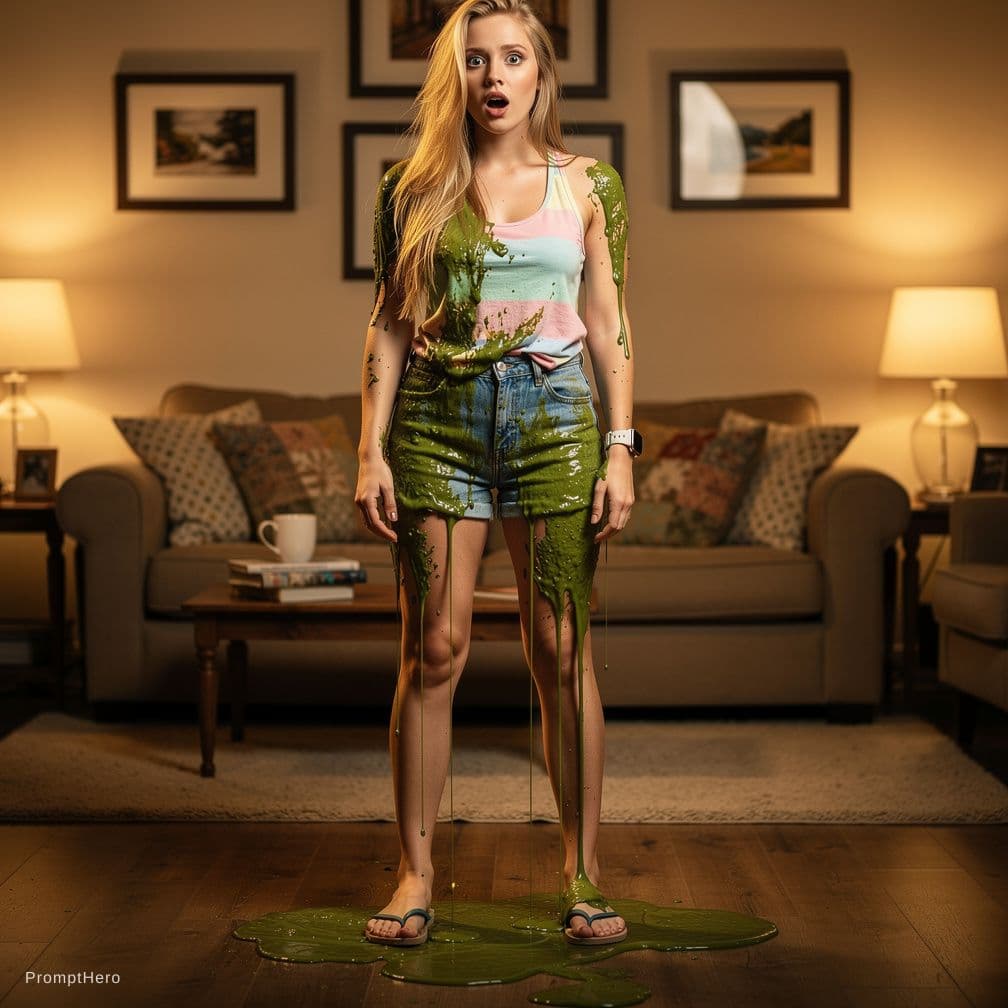 AI generated: Taylor swift, hands tied behind back, gag in her mouth, wearing a bikini, covered in green, mucky sl...