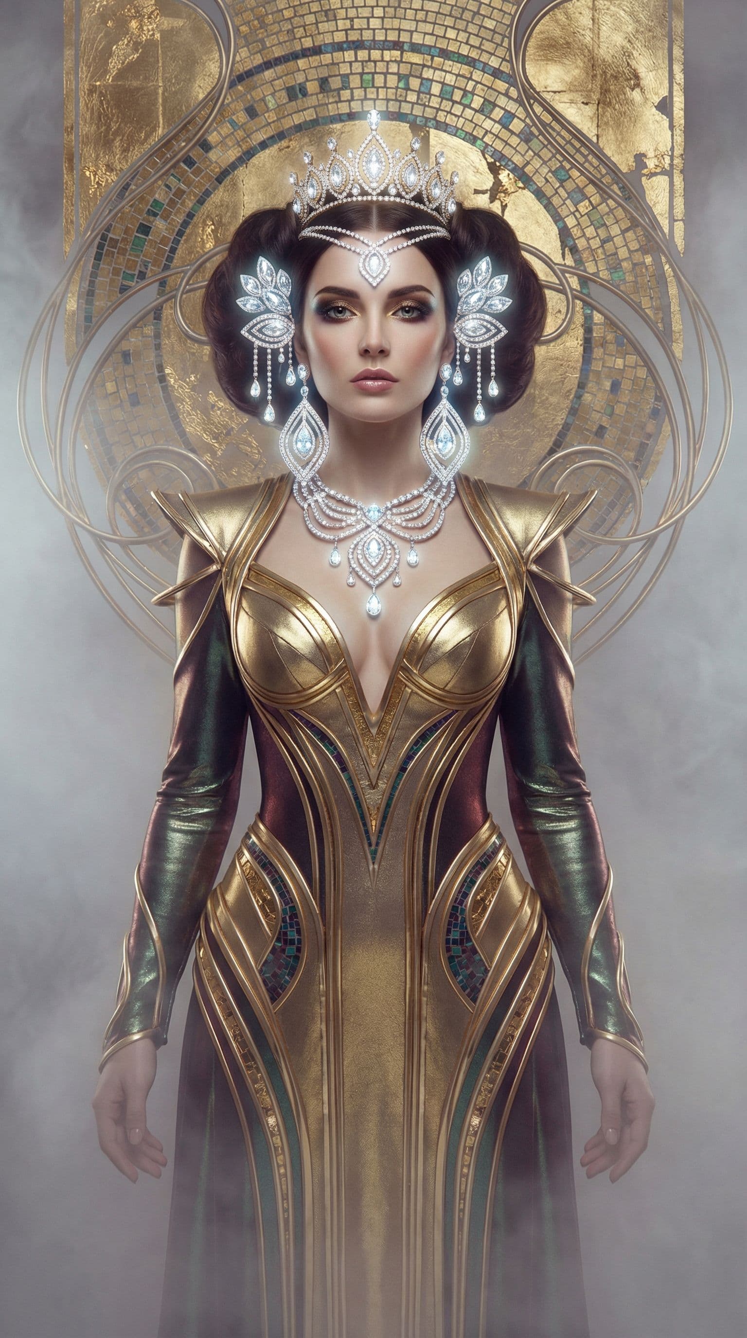 AI generated: portrait of woman inspired by gustav klimt, futuristic, front view, symetry, diamonds jewellery arou...