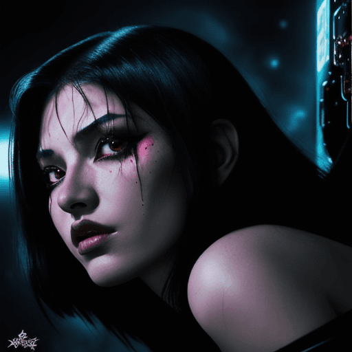 AI generated: frank miller illustration, dark anime, hot EVIL girl FROM OUT OF SPACE, Arcane, bladerunner, villain...