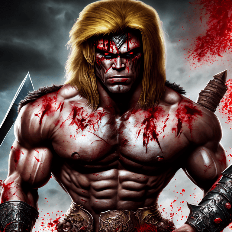 AI generated: full body portrait of muscular warrior, heman, beautiful handsome eerie face, long 80s retro hairsty...