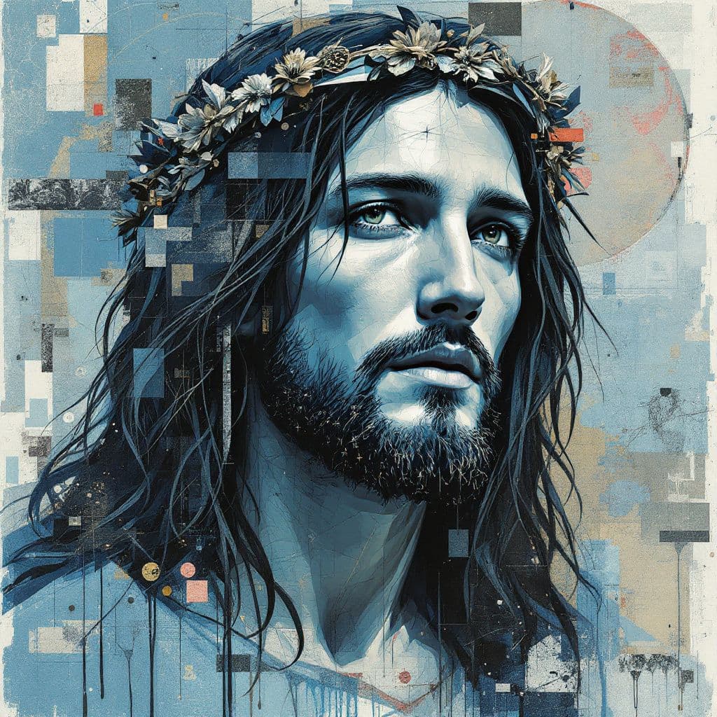 AI generated: print collage of a Jesus, in the style of josef kote, grunge beauty, dain yoon, cyan and blue, highl...