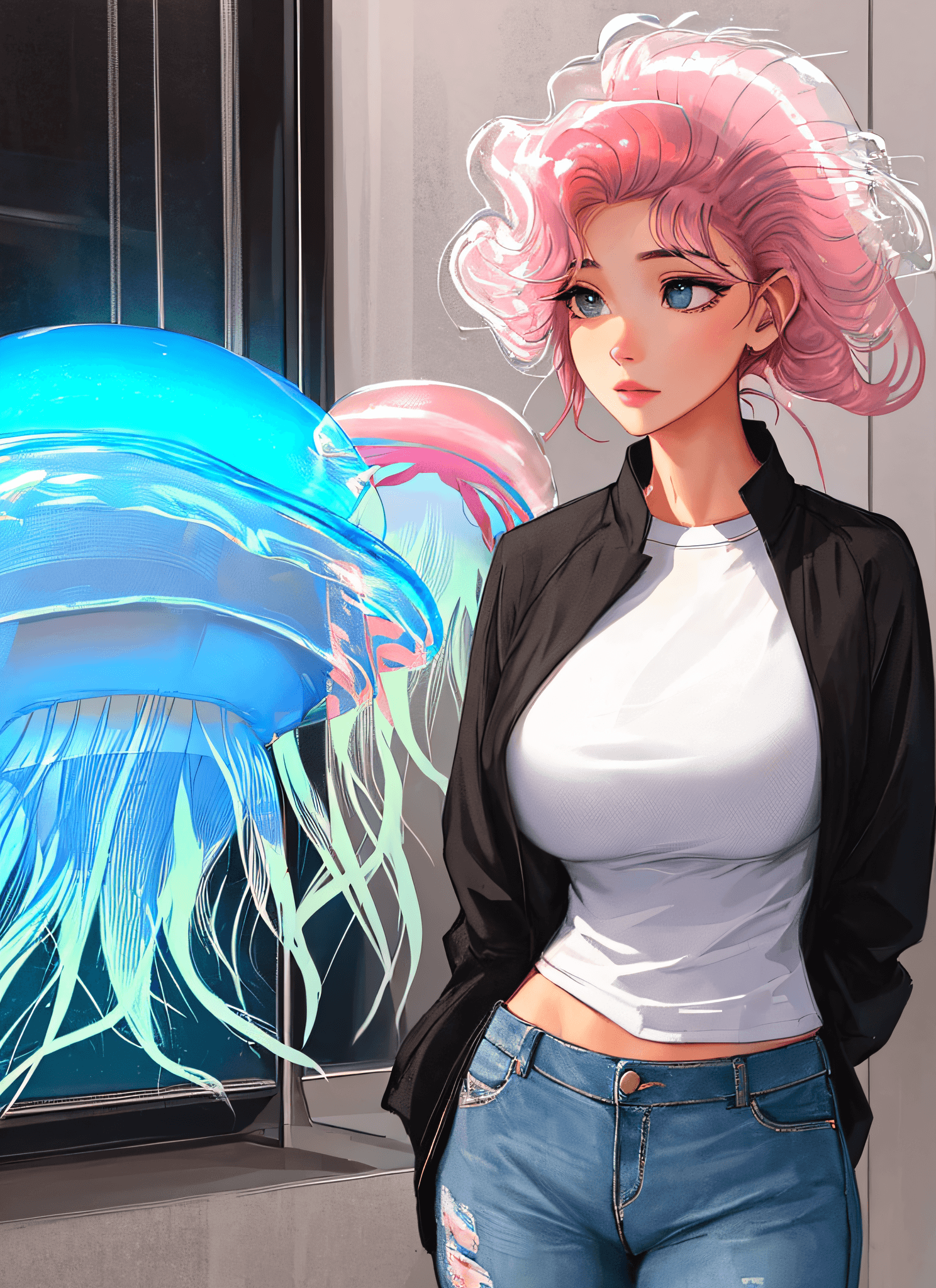 AI generated: sam yang, 1girl, (jellyfish hair:1.4), (buff hair:1.1), (undercut:1.4), hair clip, covered, puffy, r...
