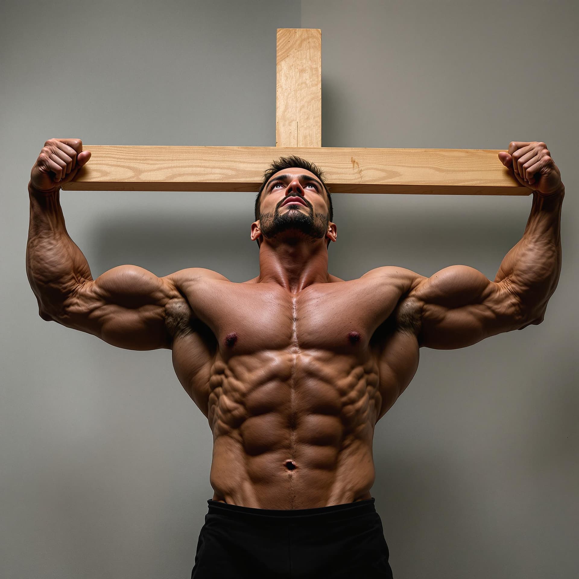 AI generated: full view of bodybuilder standing in crucifix pose while looking at the camera