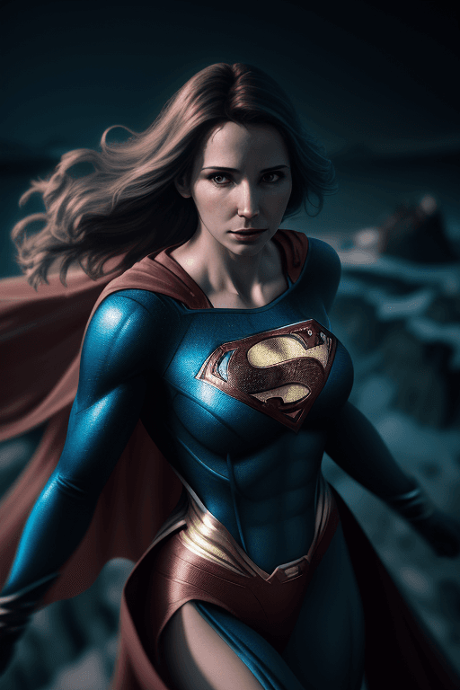 AI generated: A stunning portrait of a female superman descending, aurora borealis in the background, centered| in...