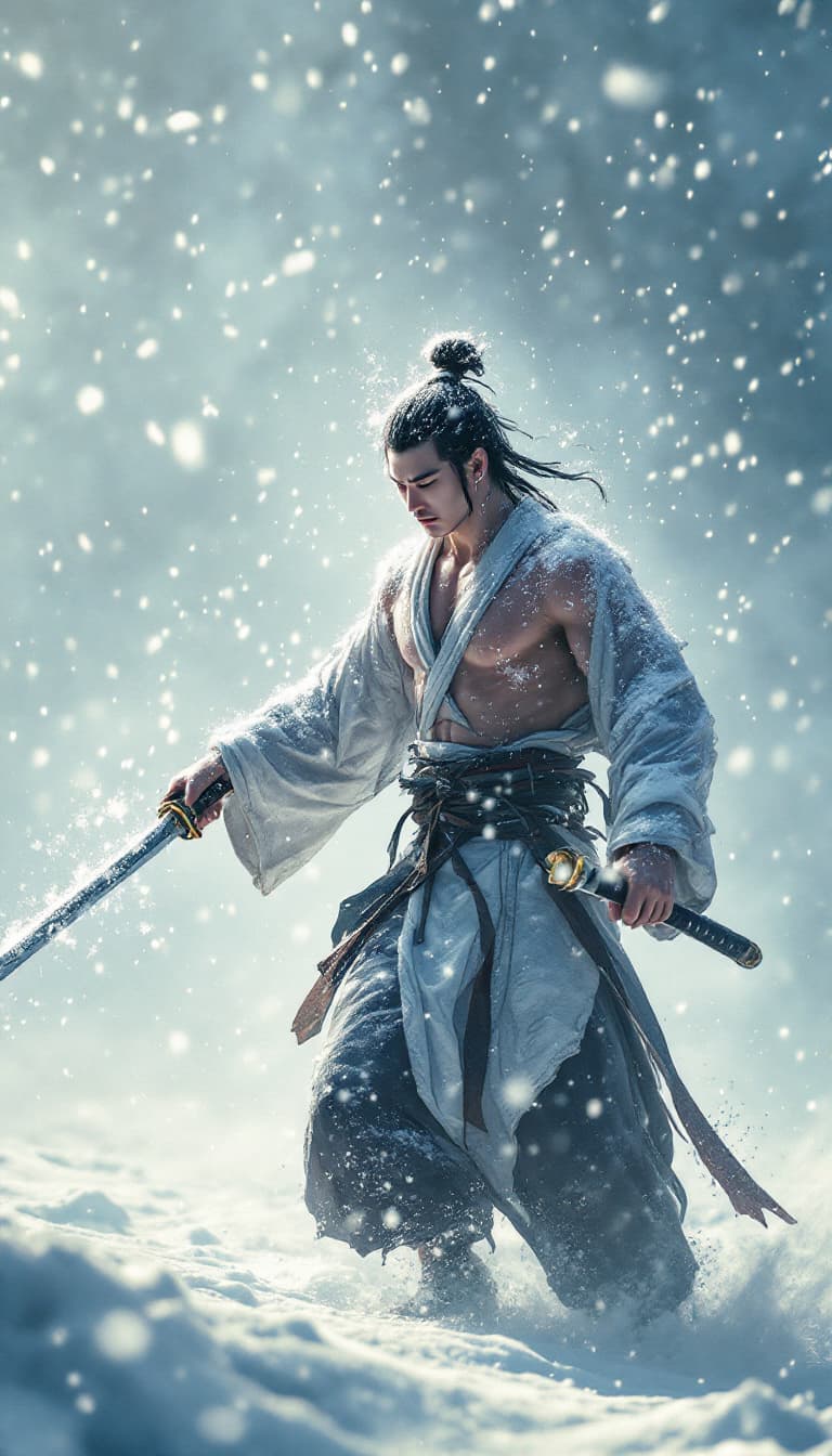 AI generated: A surreal movie scene, a Chinese ninja stands alone in a fierce snowstorm, holding a samurai sword i...