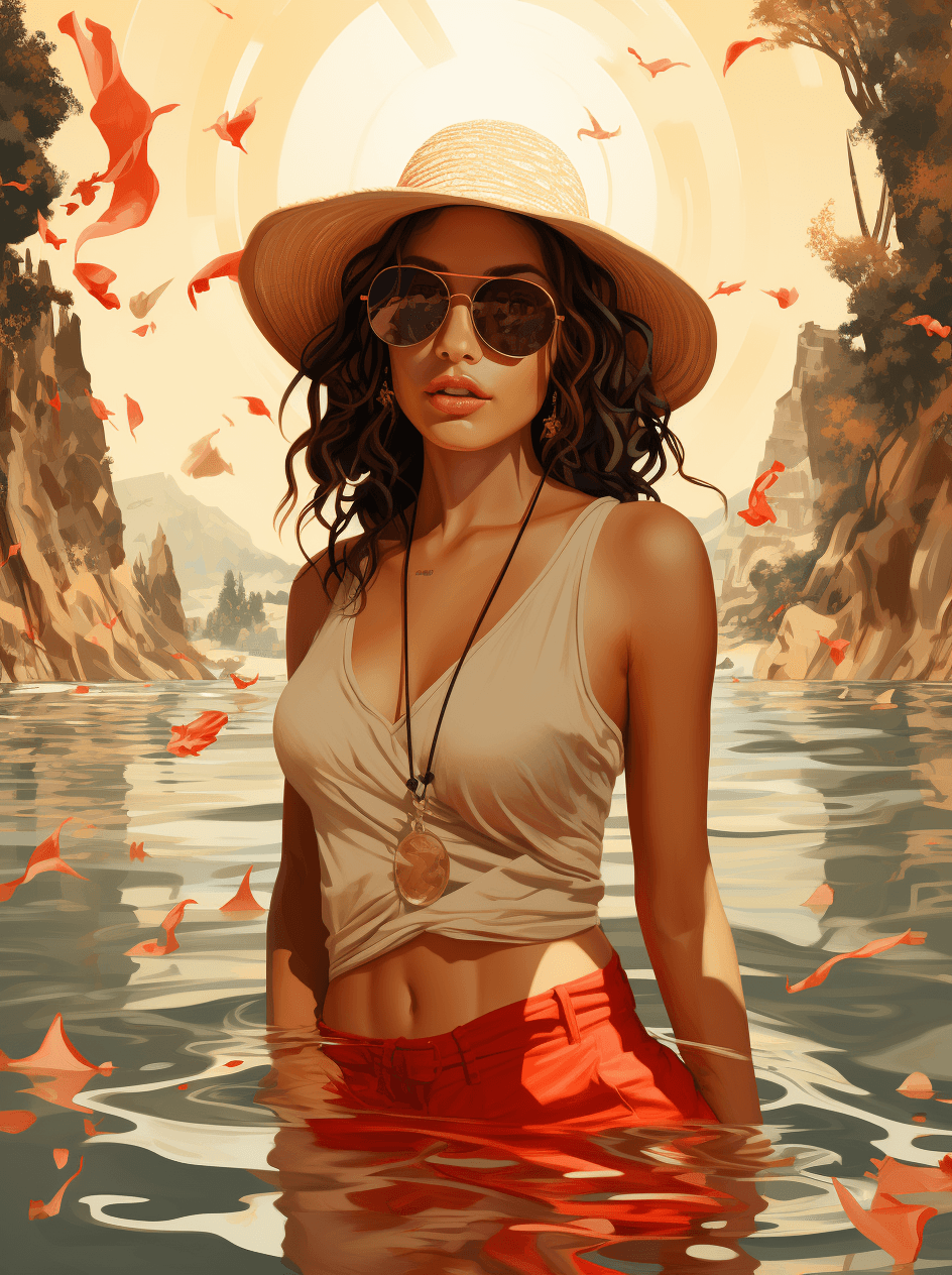 AI generated: a woman stands in the water, in the style of light beige and red, hustlewave, vacation dadcore, tagg...