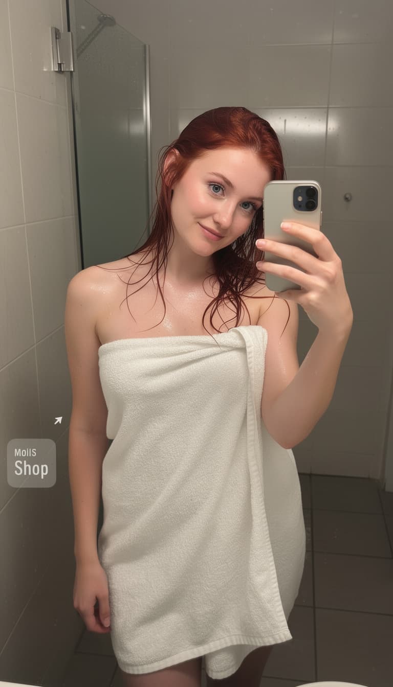 AI generated: low quality phone photo, snapchat, front shot, upper body, 25 year old girl, in the bathroom, just o...