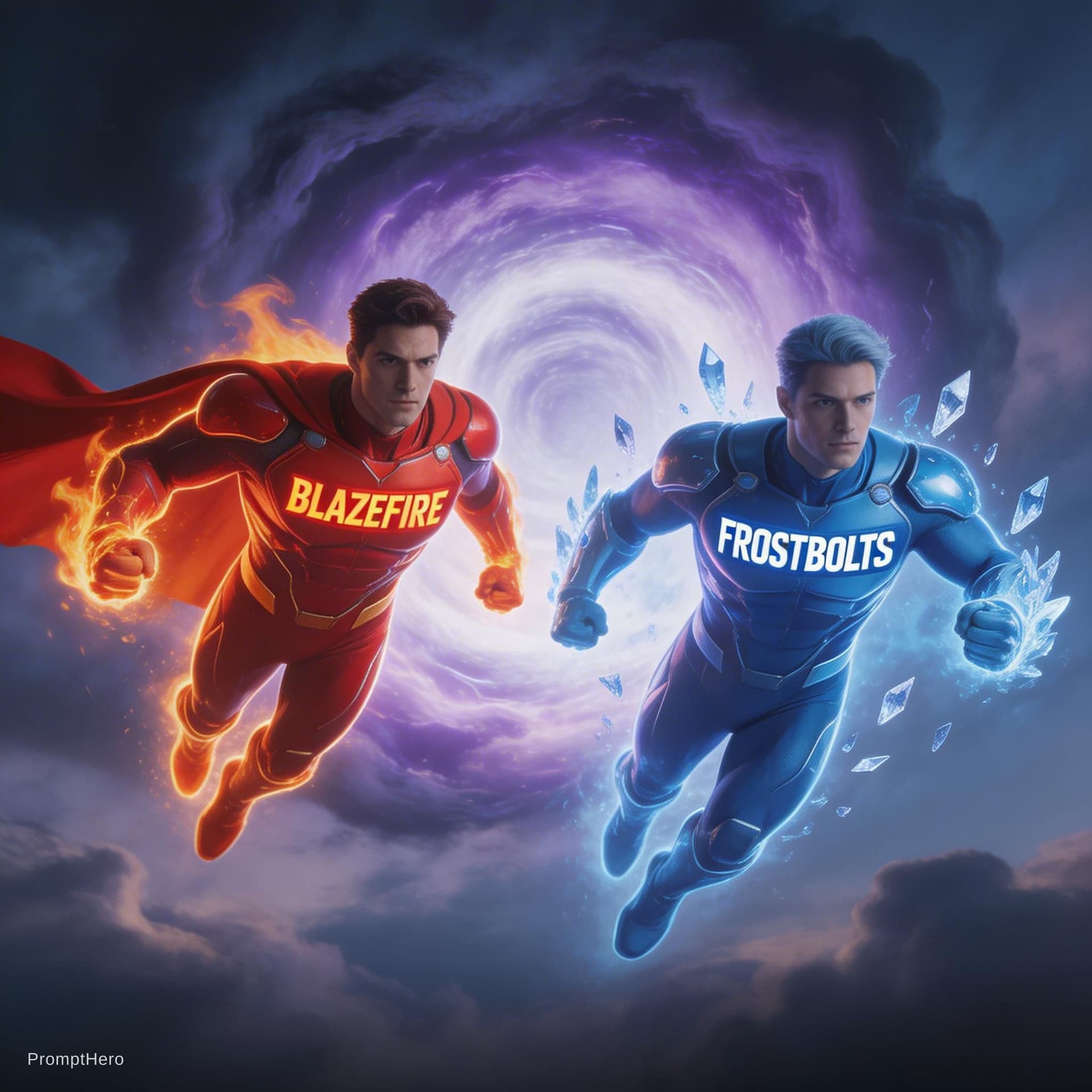 AI generated: "Red hero 'BlazeFire' with flames, Blue hero 'FrostBolts' with icy shards, emerging from a glowing p...
