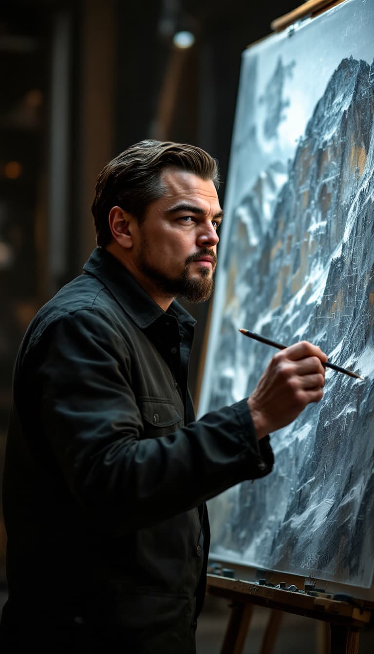 AI generated: The great painter Leonardo DiCaprio in front of a drawing board that is part of artificial intellige...