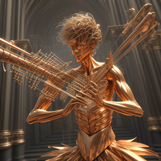 AI generated: Metallic virtuoso musician, limbs comprising myriad fragments of improbably organically-assembled in...