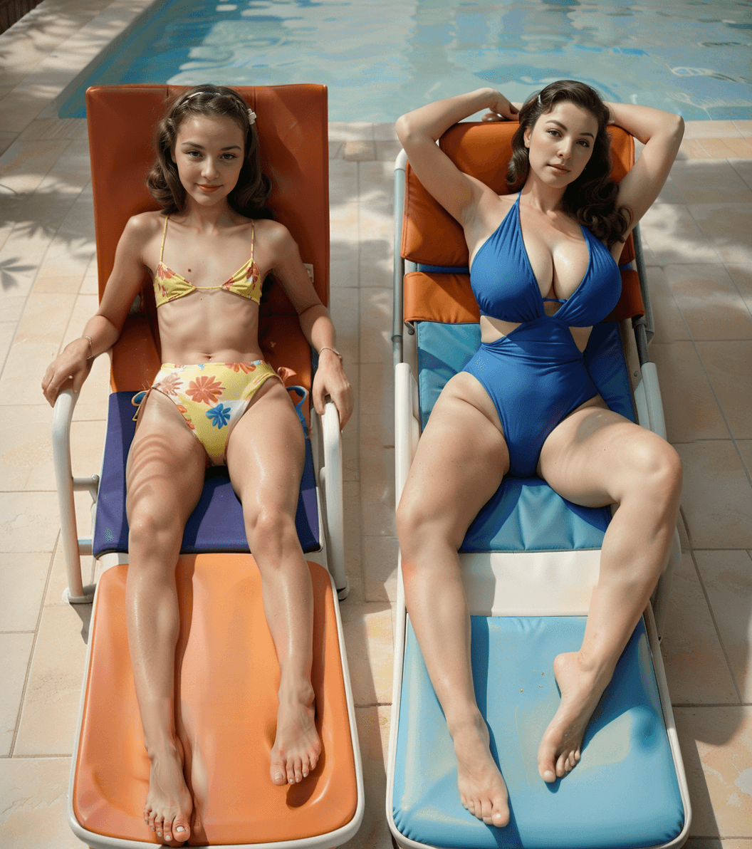 AI generated: Two beautiful women, 1940's, vintage, retro style, laying on reclining chairs by public pool, one pi...