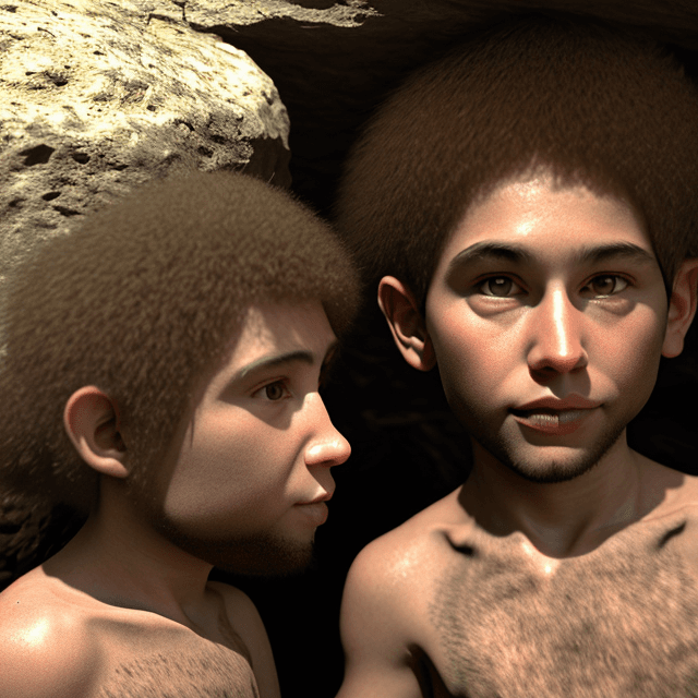 AI generated:  a young prehistoric boy and old prehistoric caveman sit in a prehistoric cave,  side view, 8k