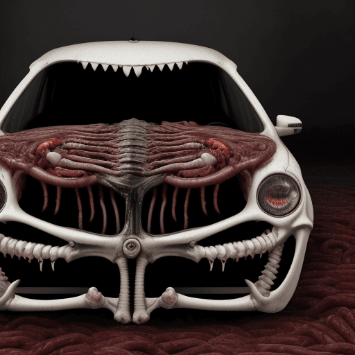 AI generated: creepy car made of meat, skin of bones and teeth covered with living eyes and pulsating veins