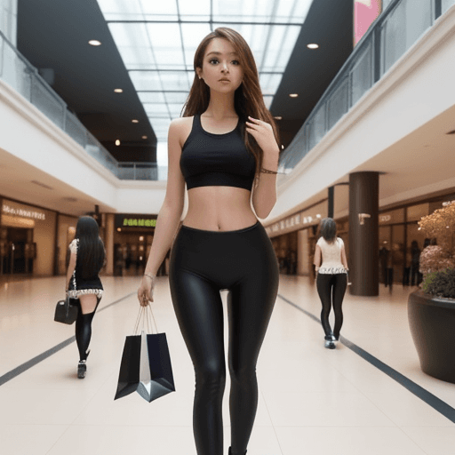 AI generated: several ladies walking in the busy shopping mall wearing skintight leggings 