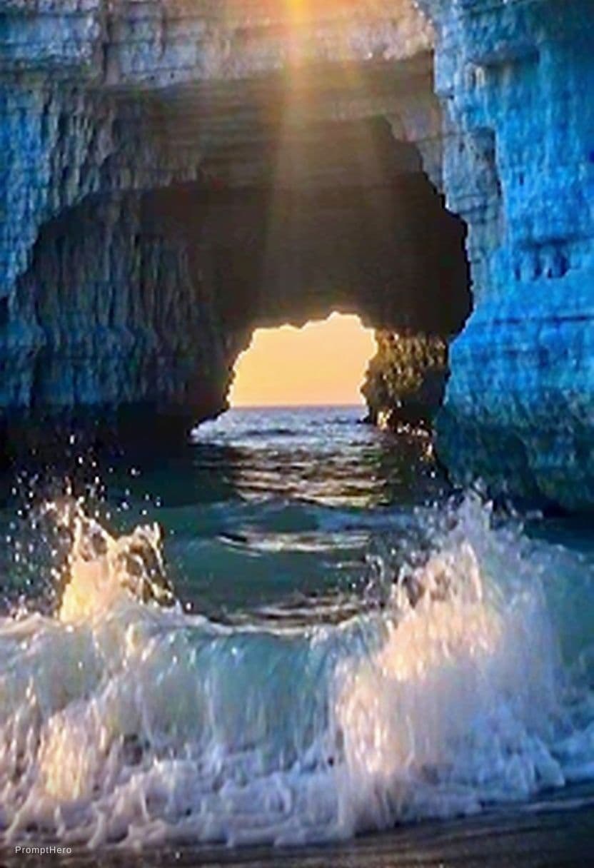 AI generated: A photorealistic, cinematic wide-angle shot from within a dark, rugged sea cave, looking out through...