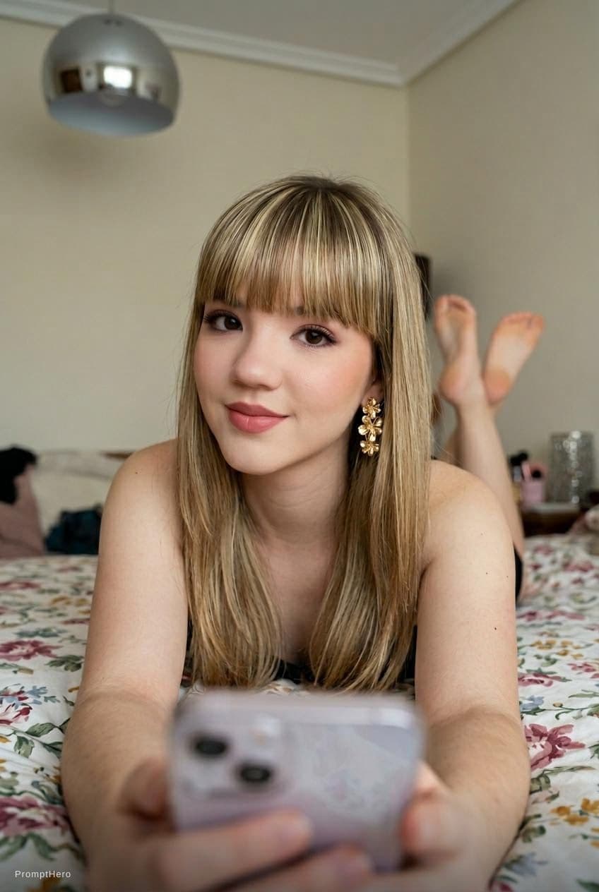 AI generated: lying on her stomach on a bed,. Bedroom setting with a ceiling light.", "subject": { "gender": "Fema...