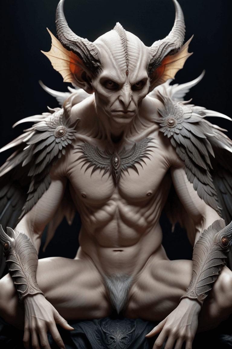 AI generated: A grotesque humanoid creature with large leathery wings, (detailed skin texture:1.3), (age:1.1), (fa...