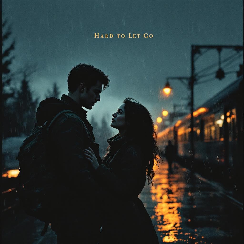 AI generated: a soulful album cover showing a young couple standing in the rain at a train station or military bus...