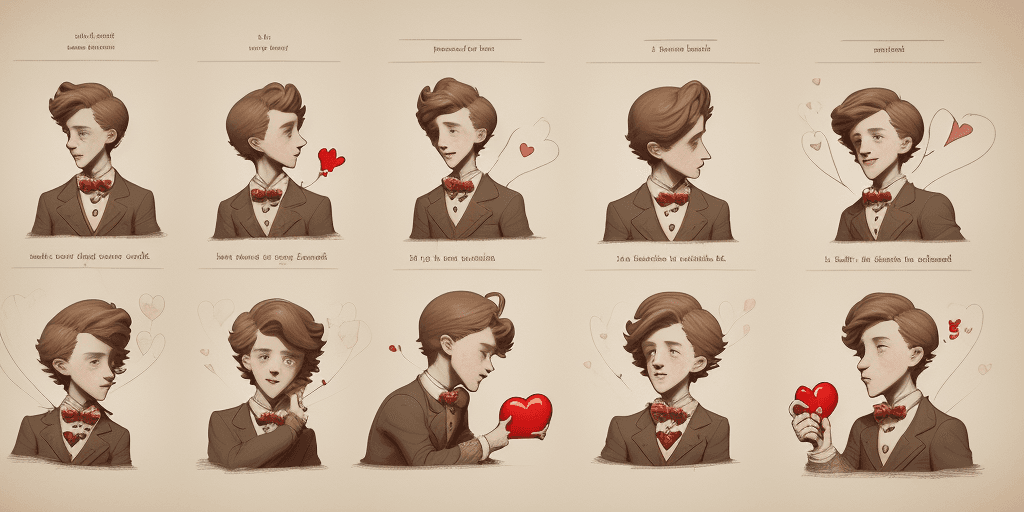 AI generated: a poster depicts a boy holding a heart shaped balloon, in the style of sketchfab, poodlepunk, warm t...