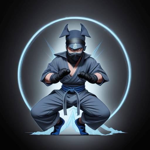AI generated: an anthropomorphic cute dog wearing [ninja outfit : Gray ninja jacket, gray ninja pants, blue scale ...