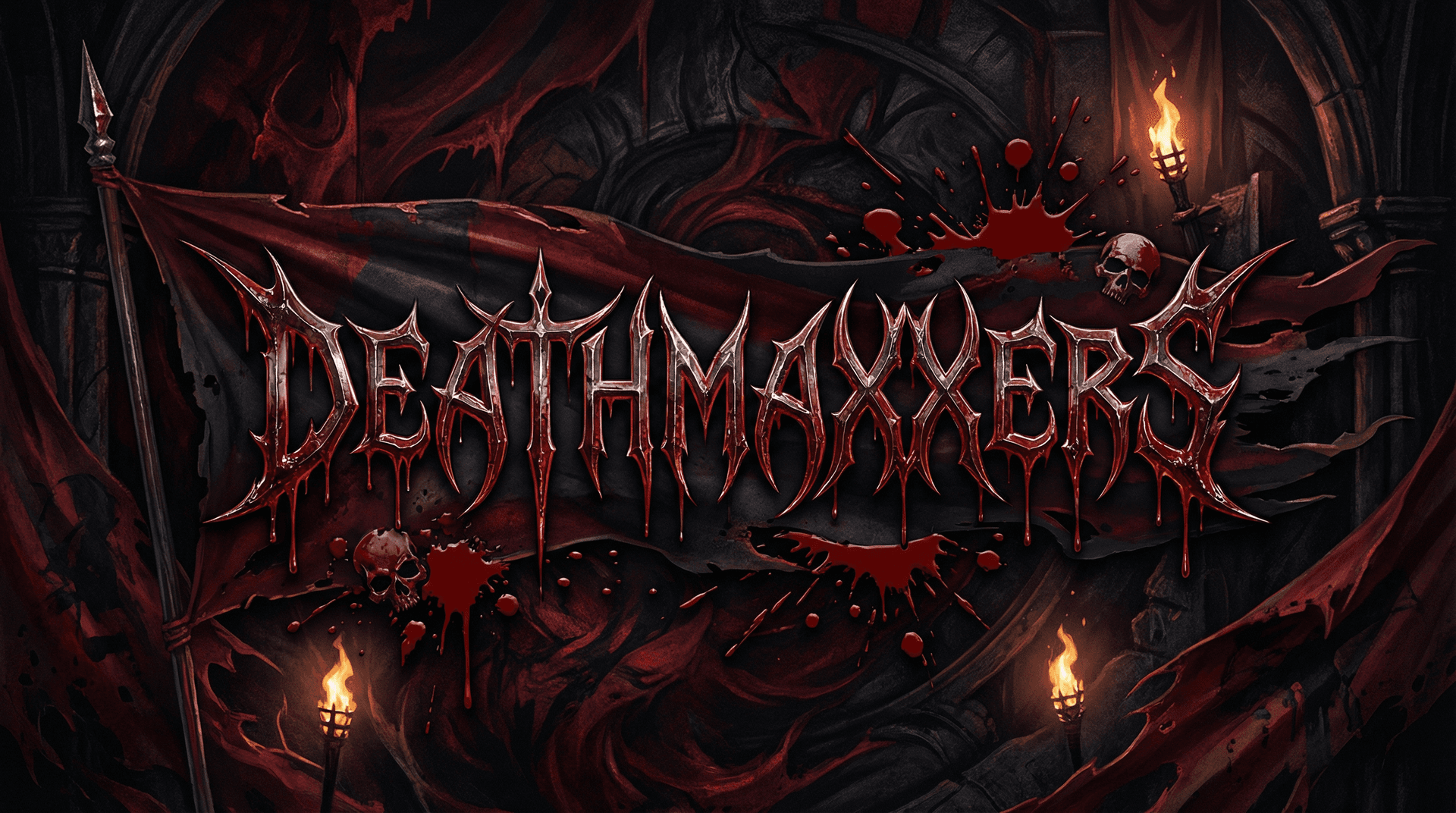 AI generated: Gory bloody banner that reads “Dearhmaxxers” the background should be red and black. The font should...
