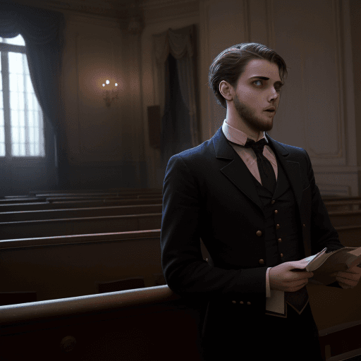 AI generated: jeune homme américain realiste se tenant droit racontant une histoire d'horreur habillé de manière c...