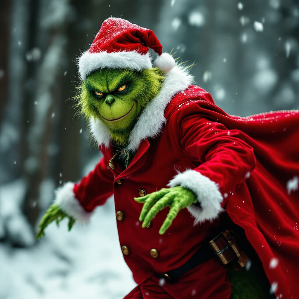 AI generated: hyper real the grinch, in a red santa trench cape coat and hat green and red dark knight costume sui...