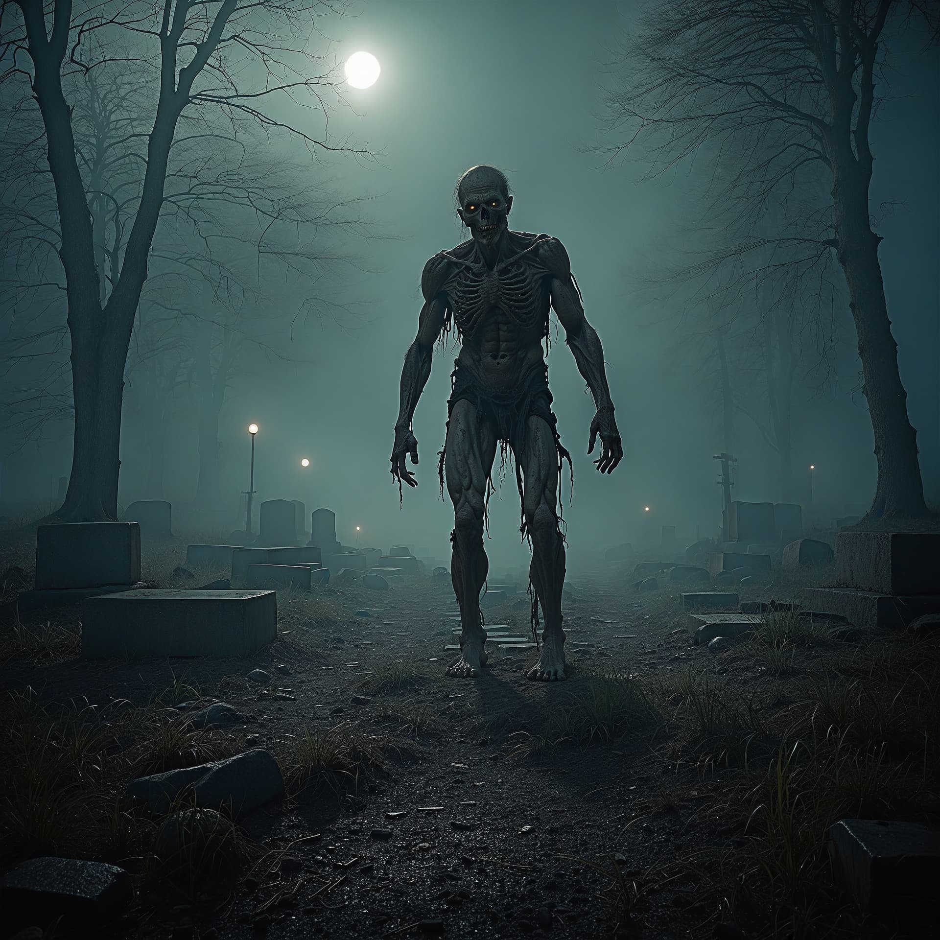 AI generated: Zombie is crawling from his grave,cemetry,ultra high detailed,dynamic lights,creepy,8k photo,hole in...