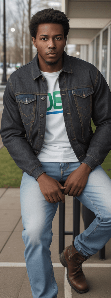 AI generated: Very realistic photograph of a black man, age 25, looking at the camera, blue jacket with green slee...