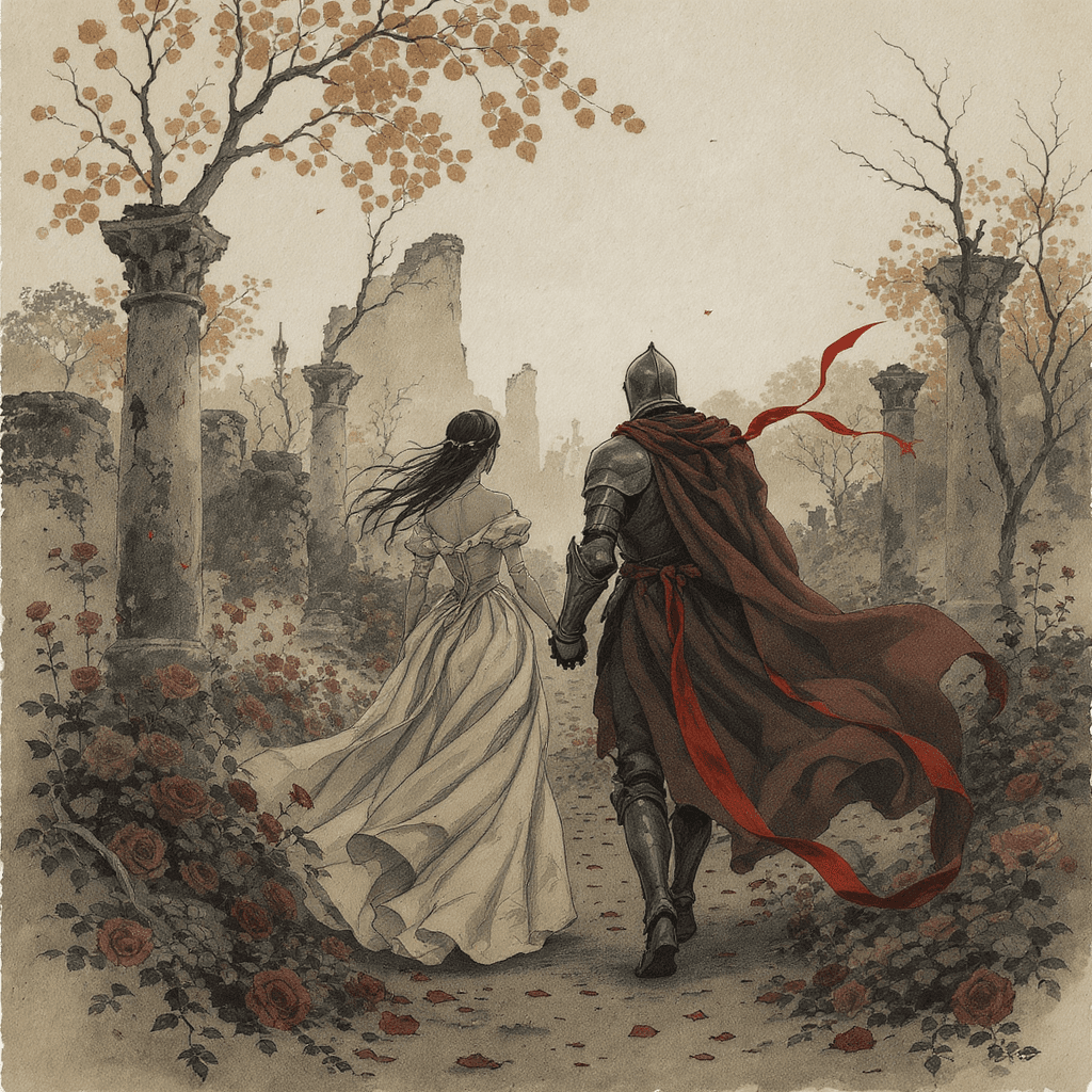 AI generated: An illustration of a lady and a knight walking side by side through a crumbling rose garden at dusk....