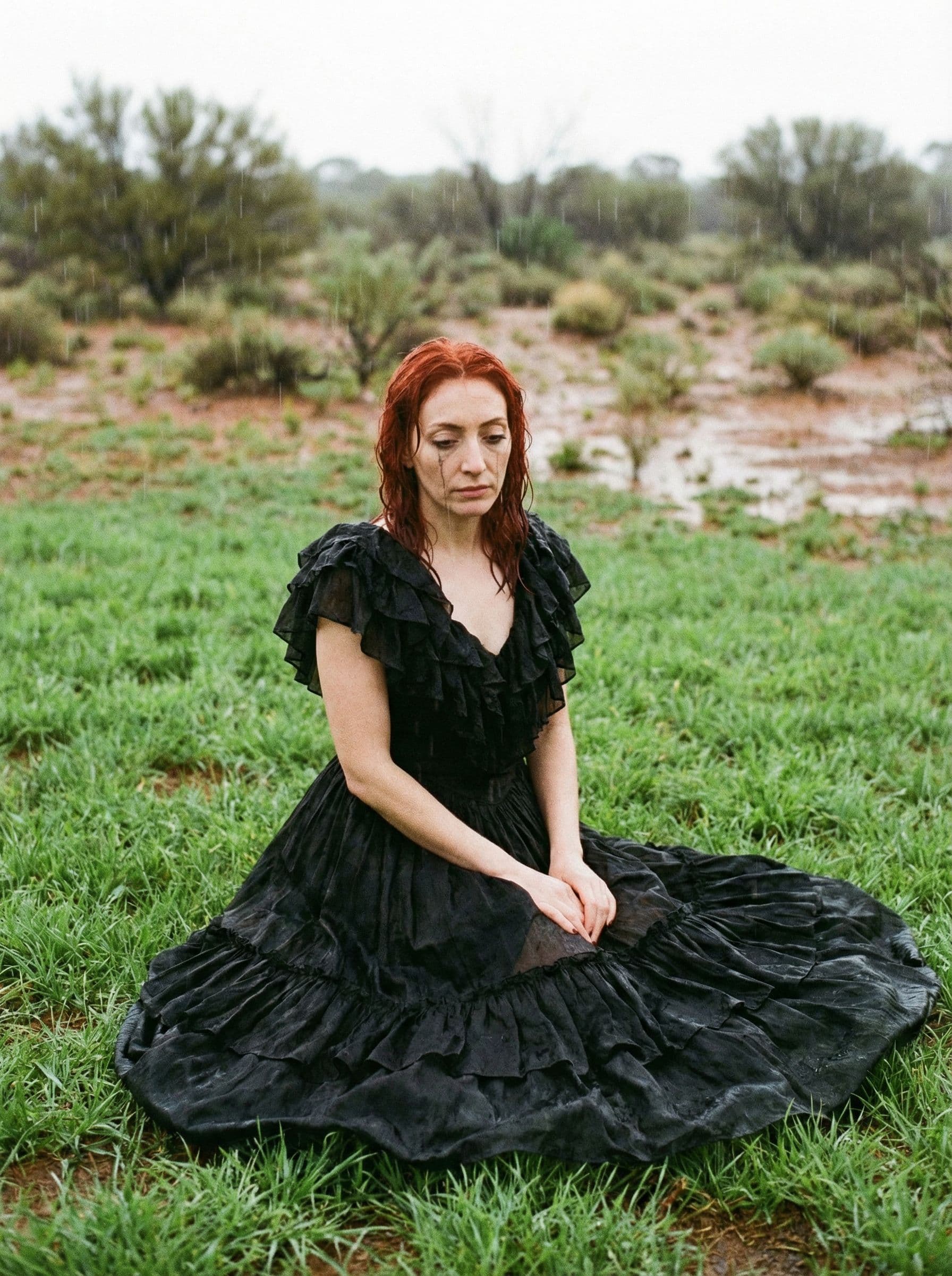 AI generated: a woman sitting on top of a lush green field, emaciated black evening gown, ffffound, mackenzie foy,...