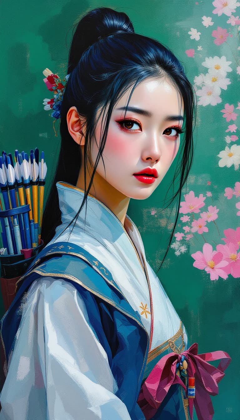 AI generated: A striking abstract painting captures the essence of a 23-year-old Korean woman, displaying both ele...