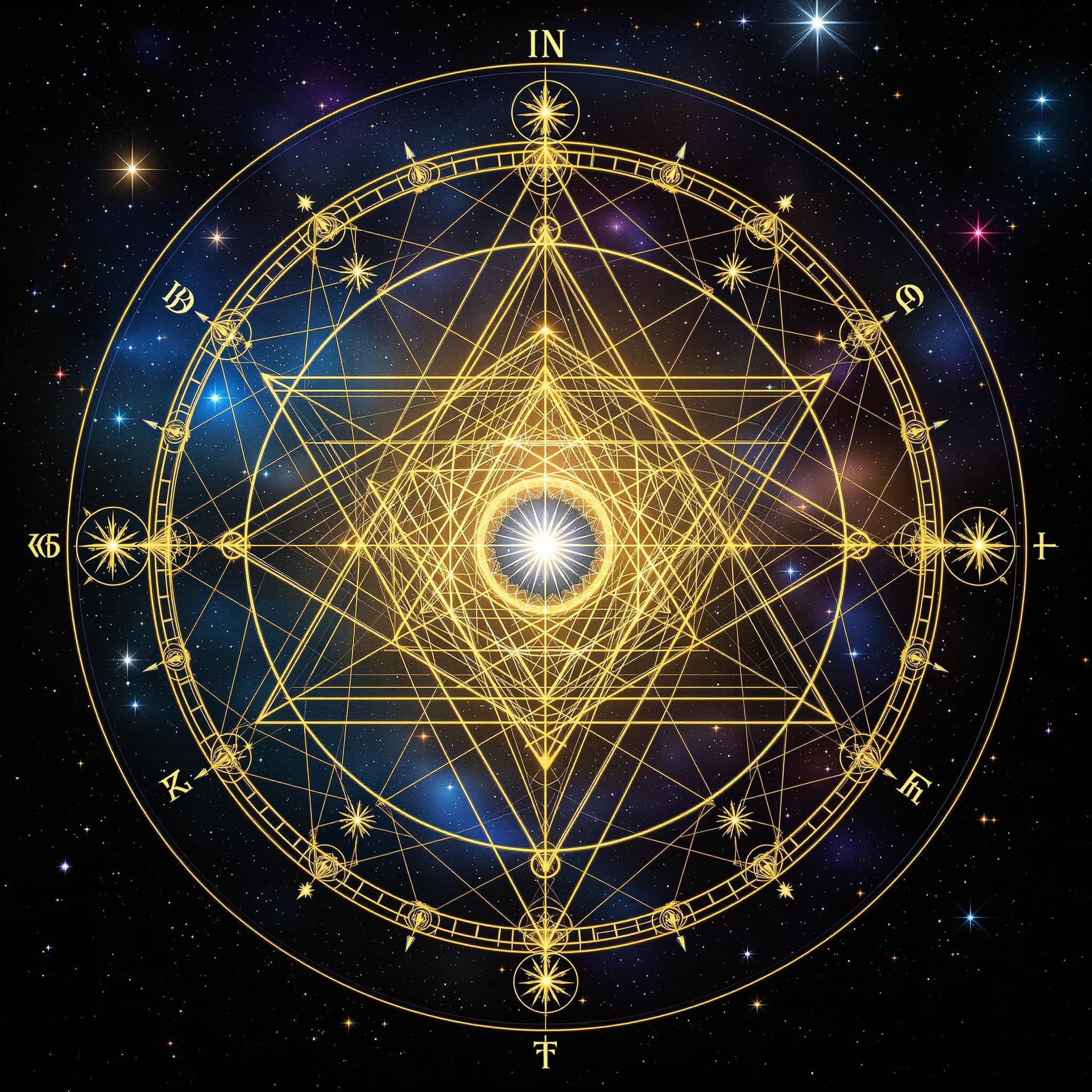 AI generated: A golden ratio crystal grid. cosmic in form and detailed by fish swimming patterns. 