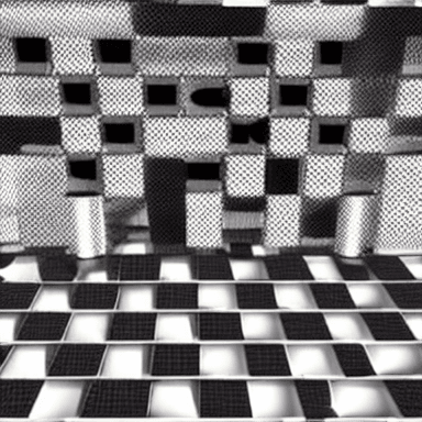 AI generated: a square platform with white noise background, which has fading checkerboard patterns in the corners