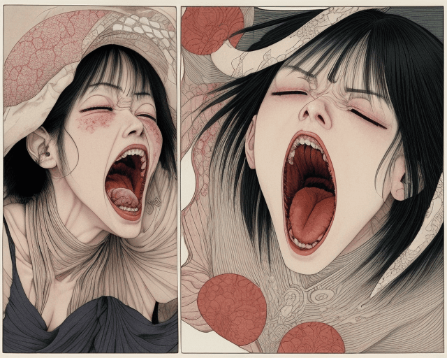 AI generated: a woman screaming, artwork by Takato Yamamoto and Chika Yamada, very detailed, realistic anatomy, fu...