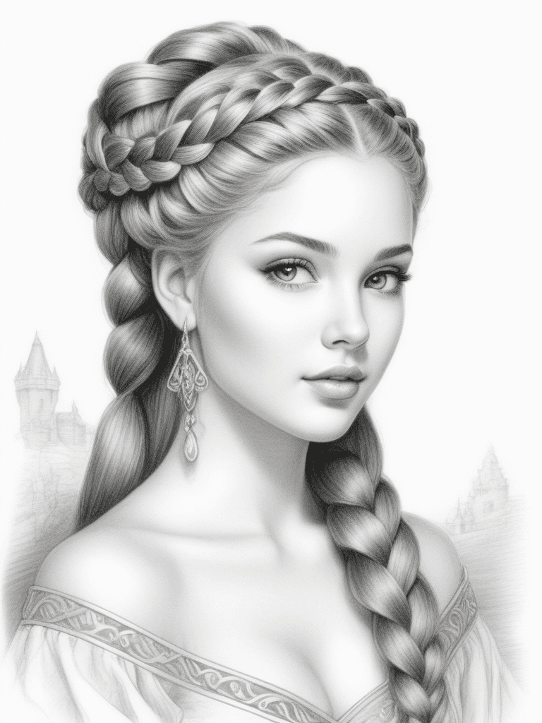 AI generated: pencil drawing of a beautiful young princess with braided hair, in the style of fantasy art