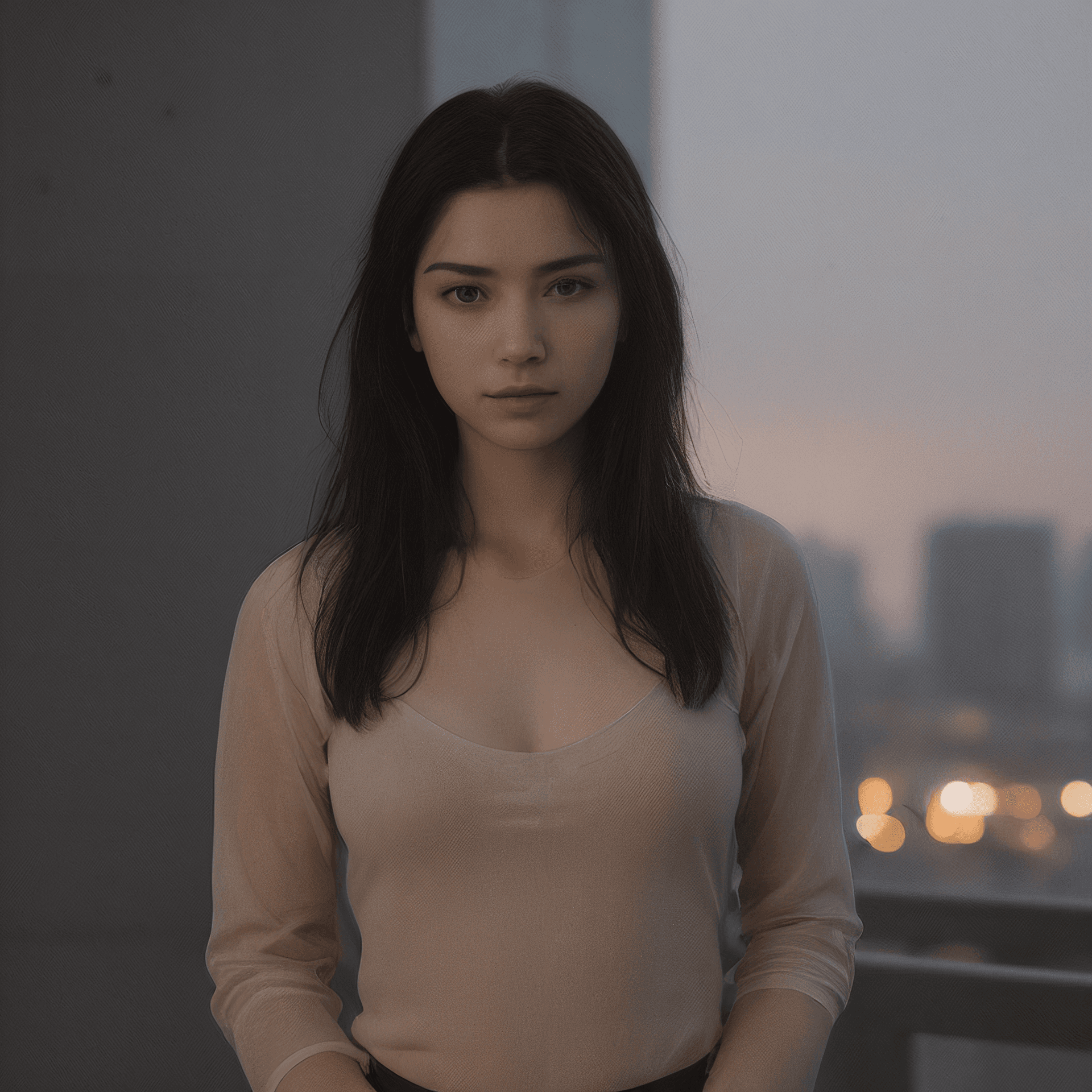 AI generated: a woman holding a gun in her hand and looking at the camera with a city in the background in the fog...