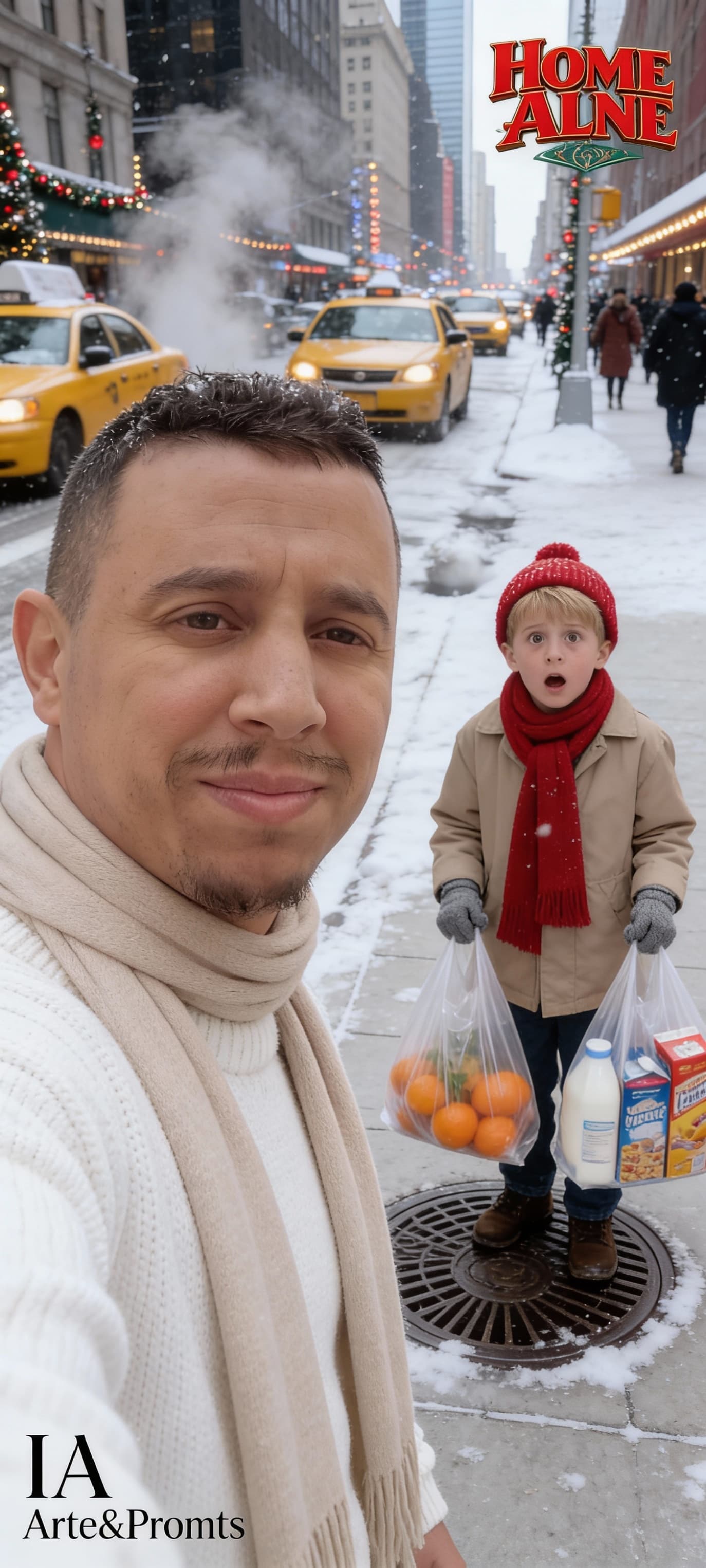 AI generated: Photorealistic recreation of the iconic grocery shopping scene from Home Alone, set on a snowy winte...