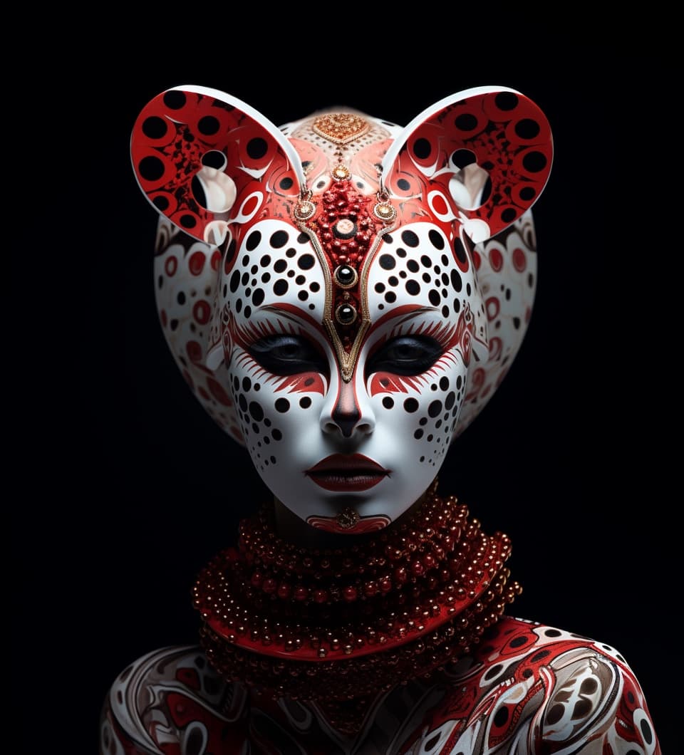 AI generated: xora lady in cheetah outfit, cosmic jester, bryce 3d, dark white and red, leonetto cappiello, mixed ...