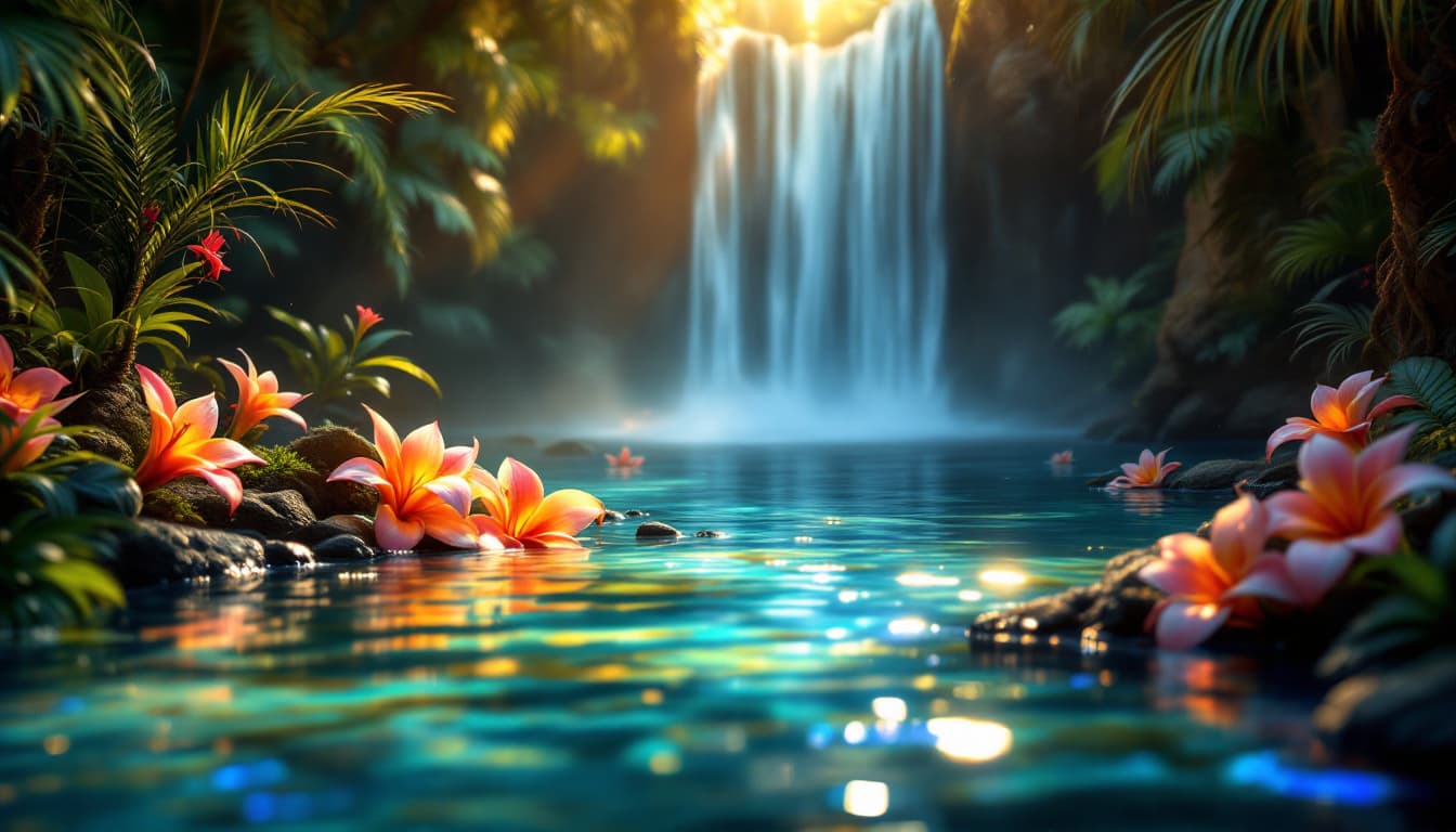 AI generated: depicting an intimate, dreamlike portrait of the paradise lagoon's edge, where the gentle waterfall'...