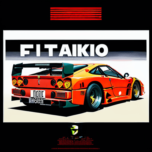 AI generated: A POSTER in the style of brutalism using Japanese fonts and a Ferrari f40 add texture 