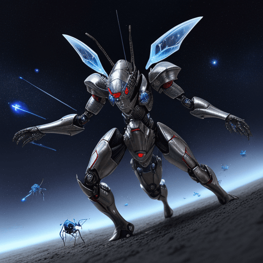 AI generated: 100 unit army, blue ant army group with silver armor invasion the planet, gun fire each other with r...