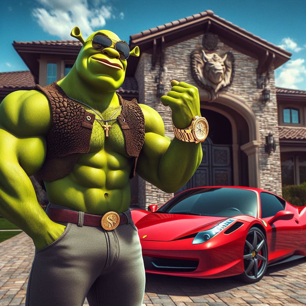 AI generated: Shrek in sunglasses and muscles is a millionaire and is showing the gold watch next to his ferrari a...