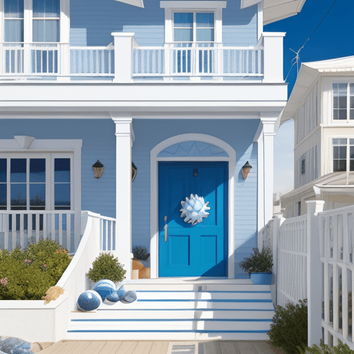 AI generated:  a coastal design with Mediterranean building style, blue & white color on exterior walls, artistic,...