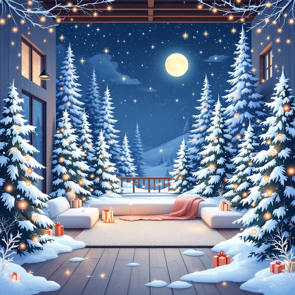 AI generated: HigStylish Christmas card with snow-covered spruce trees on a blue background vector illustration de...