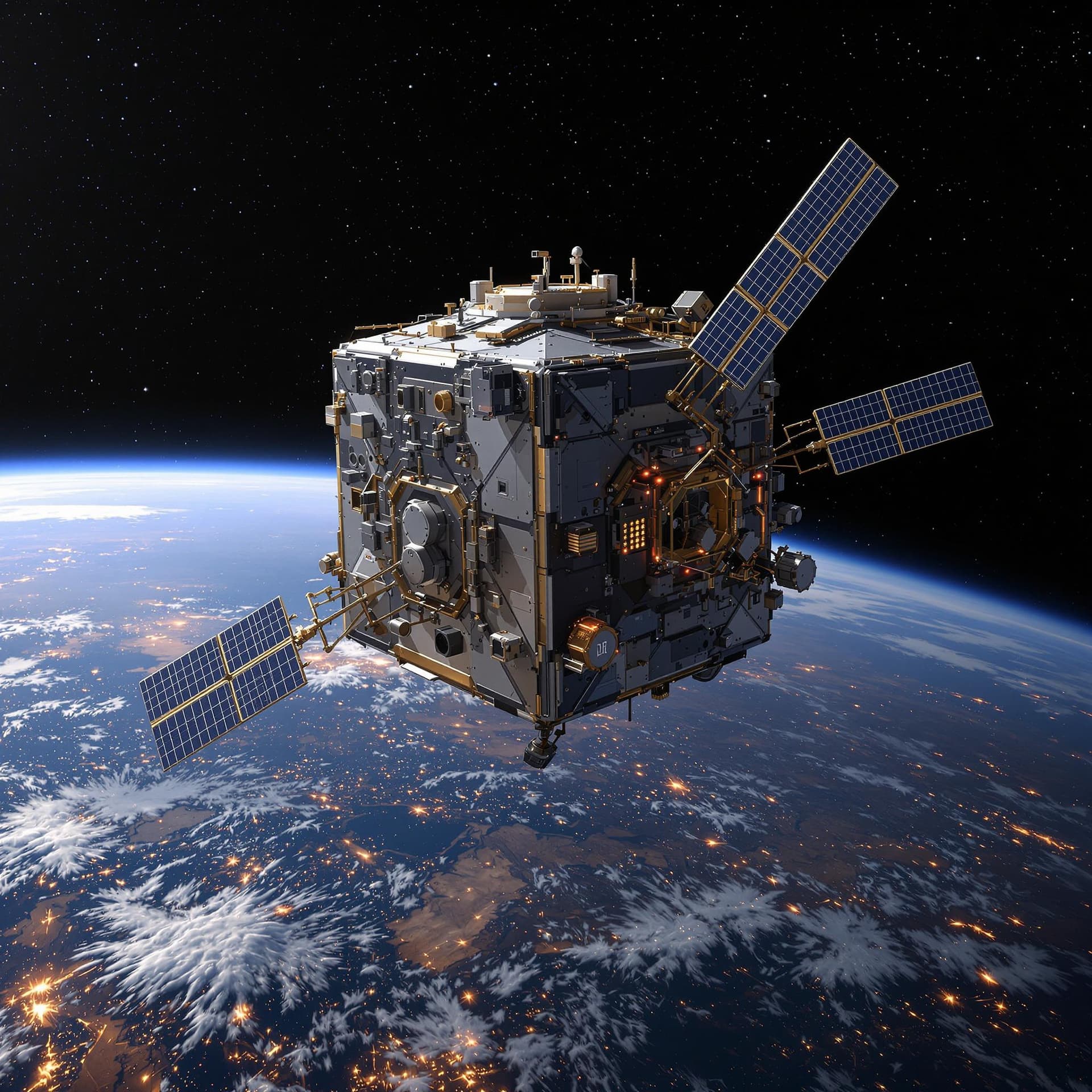 AI generated: Hyper realistic Shows a cube-shaped satellite in orbit 