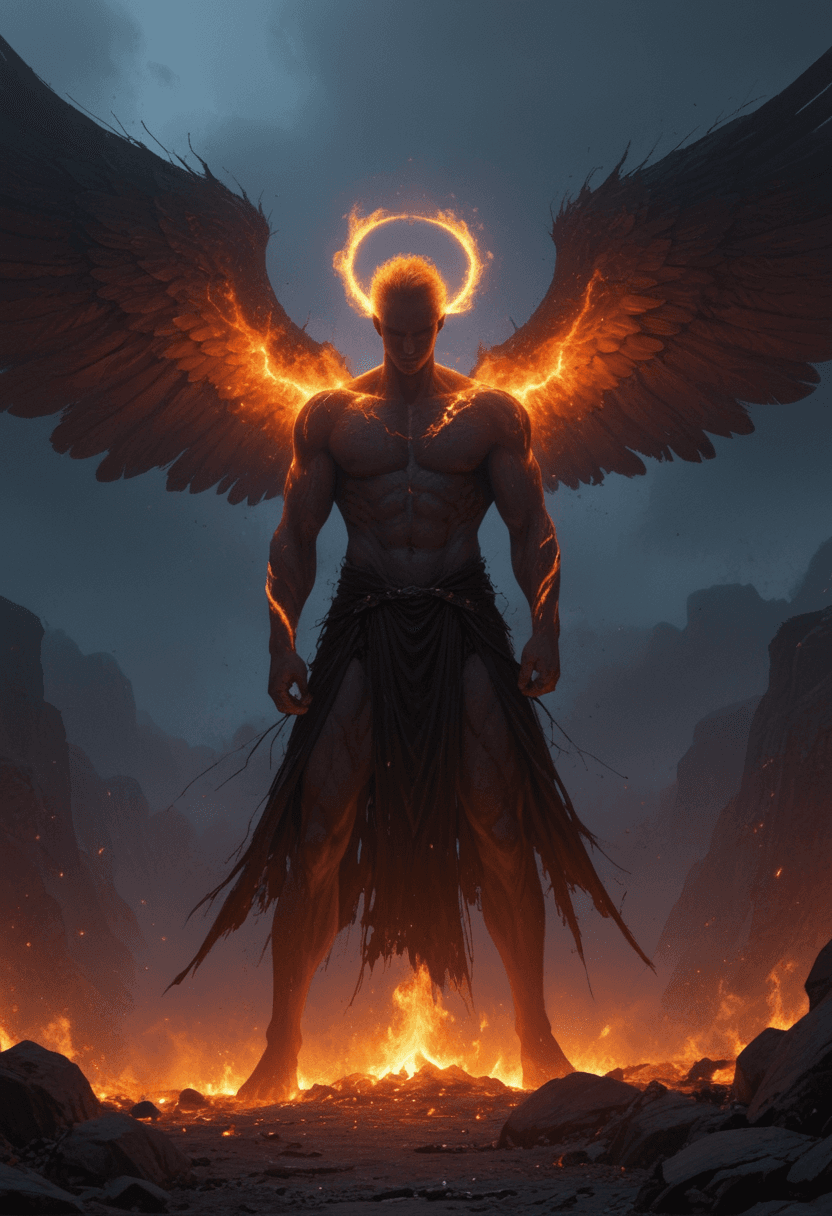 AI generated: powerful,cinematic fantasy artwork depicting a mythic figure ascending in a blaze of divine fire. A ...